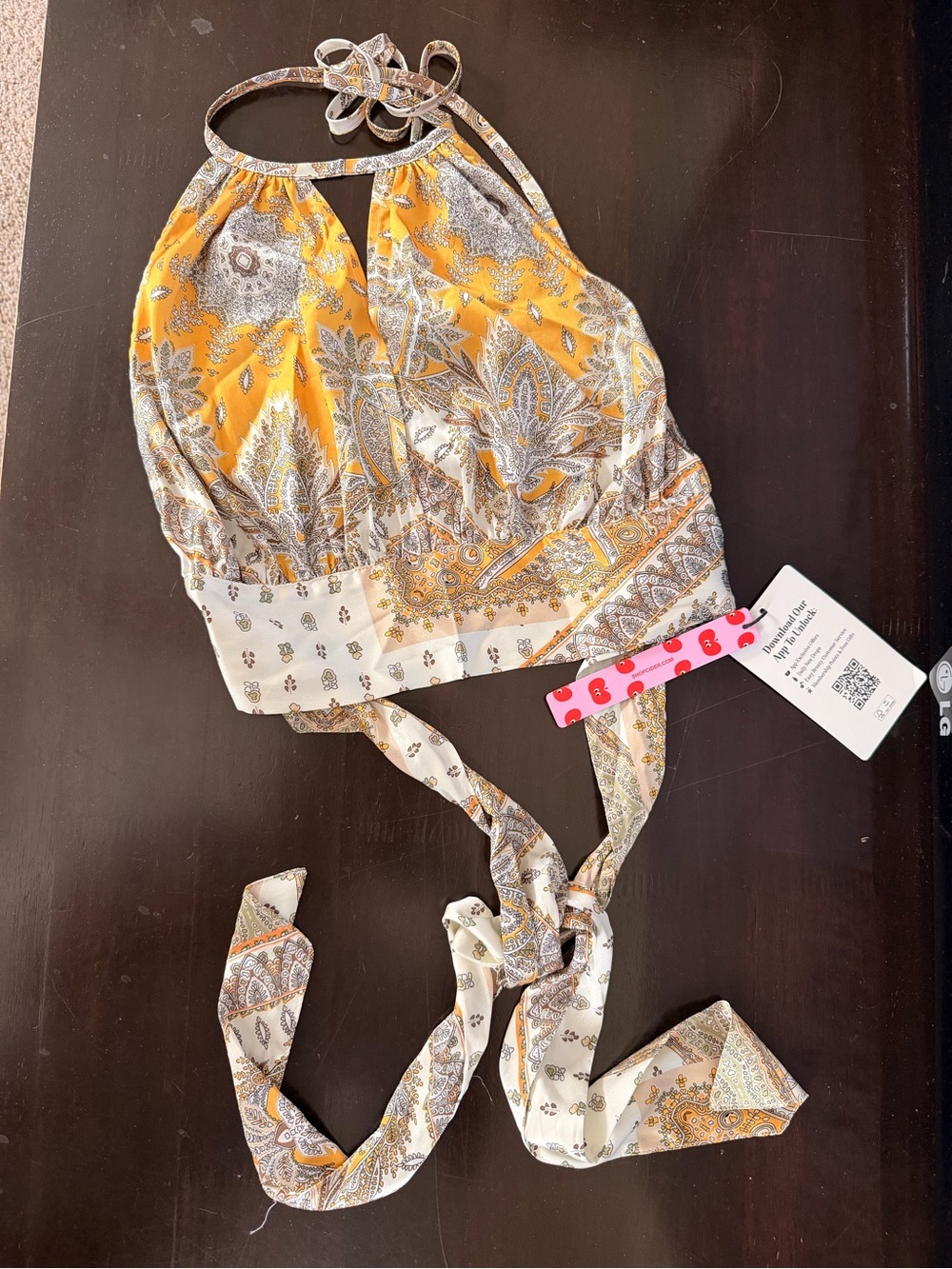 Cider Yellow and Cream Paisley Halter Crop Top